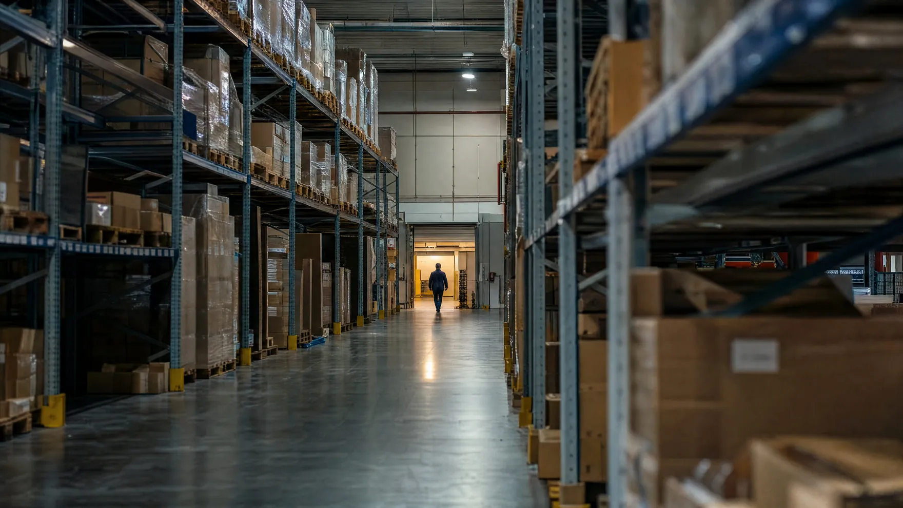 A warehouse aisle of stacked pallets receding into soft focus.
