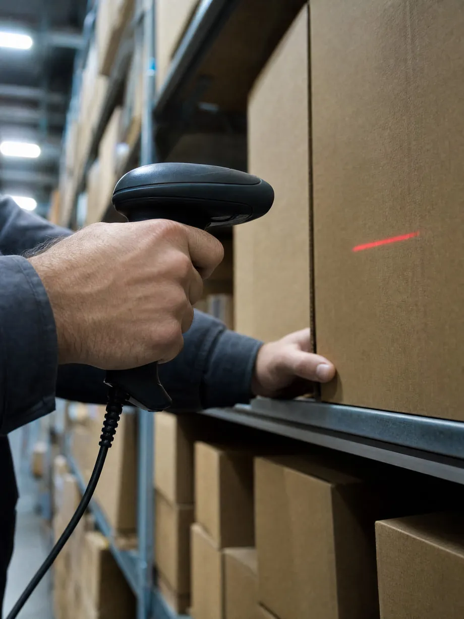 Hands scanning a barcode on a warehouse shelf with a handheld scanner.
