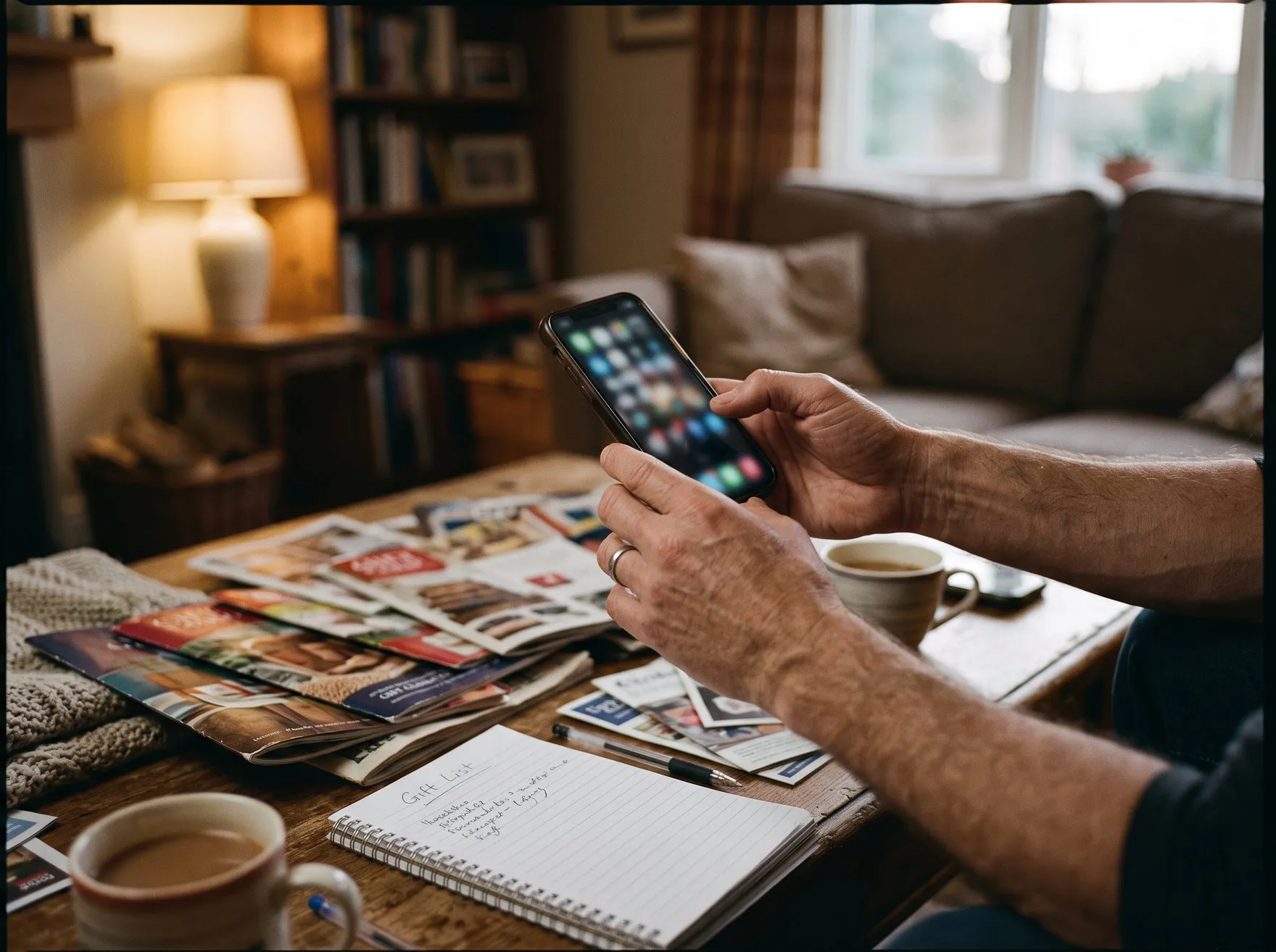 A shopper's hands holding a phone over a table of gift catalogs and a handwritten gift list.