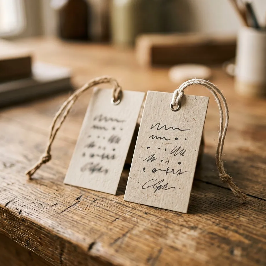 Two similar hang tags side by side on a wooden table, one in focus and one soft.