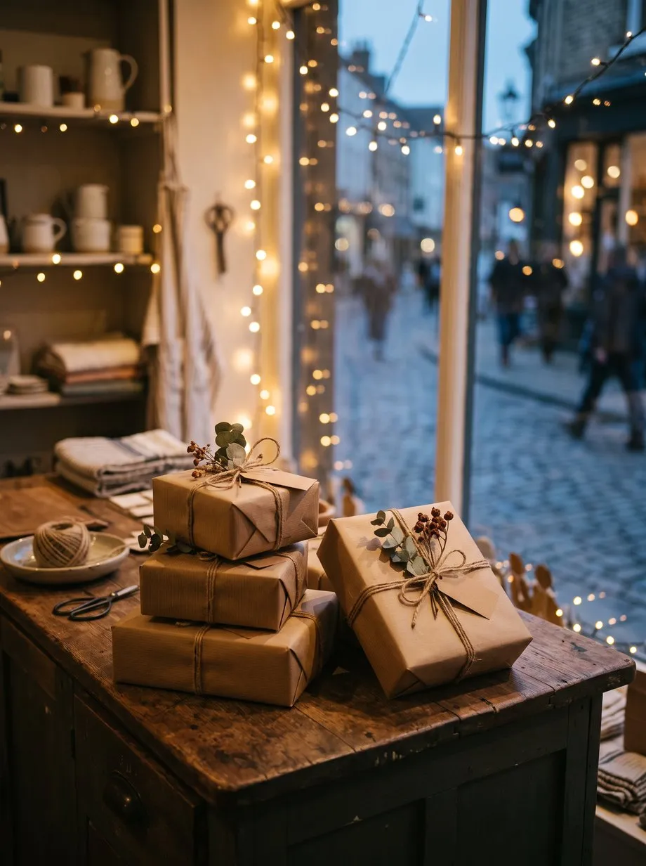 Kraft-wrapped gift boxes tied with twine on a shop counter at dusk, one set slightly apart.