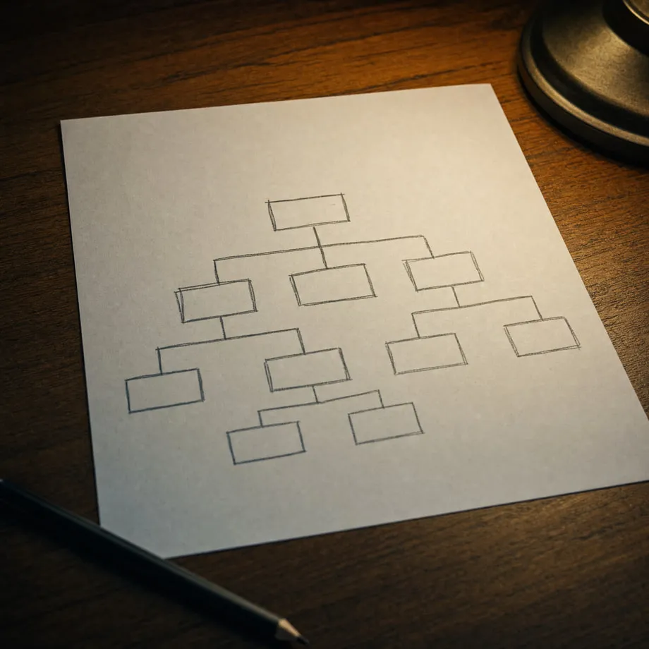 A hand-drawn decision tree sketched on paper, seen from above.
