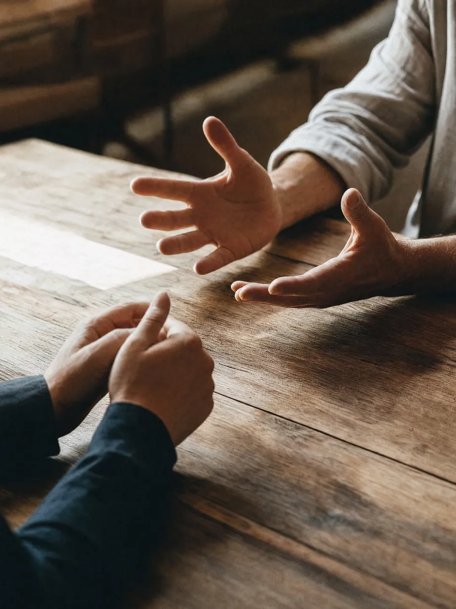 Two hands mid-conversation gesture across a table, seen from the side.