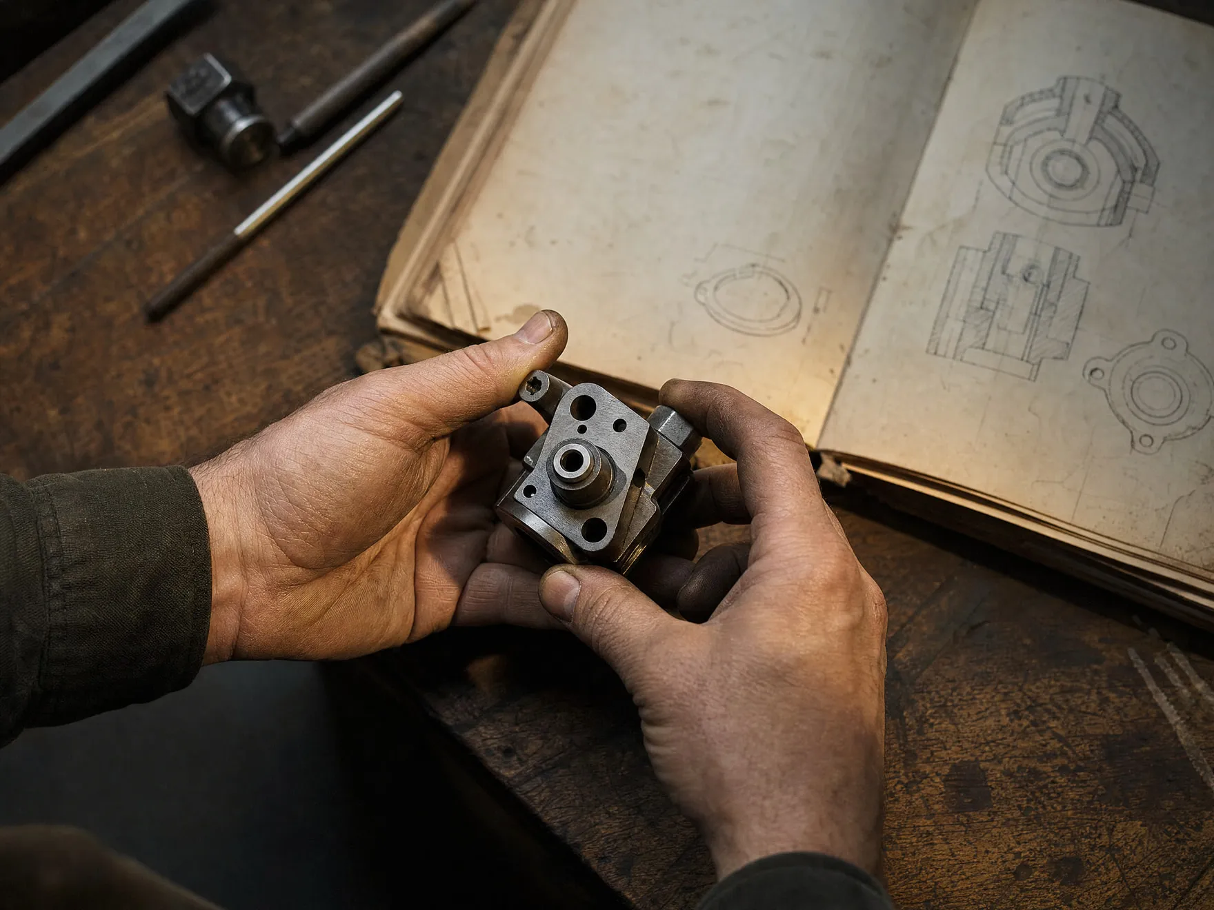 Hands comparing a mechanical part against a torn manual page on a workbench.