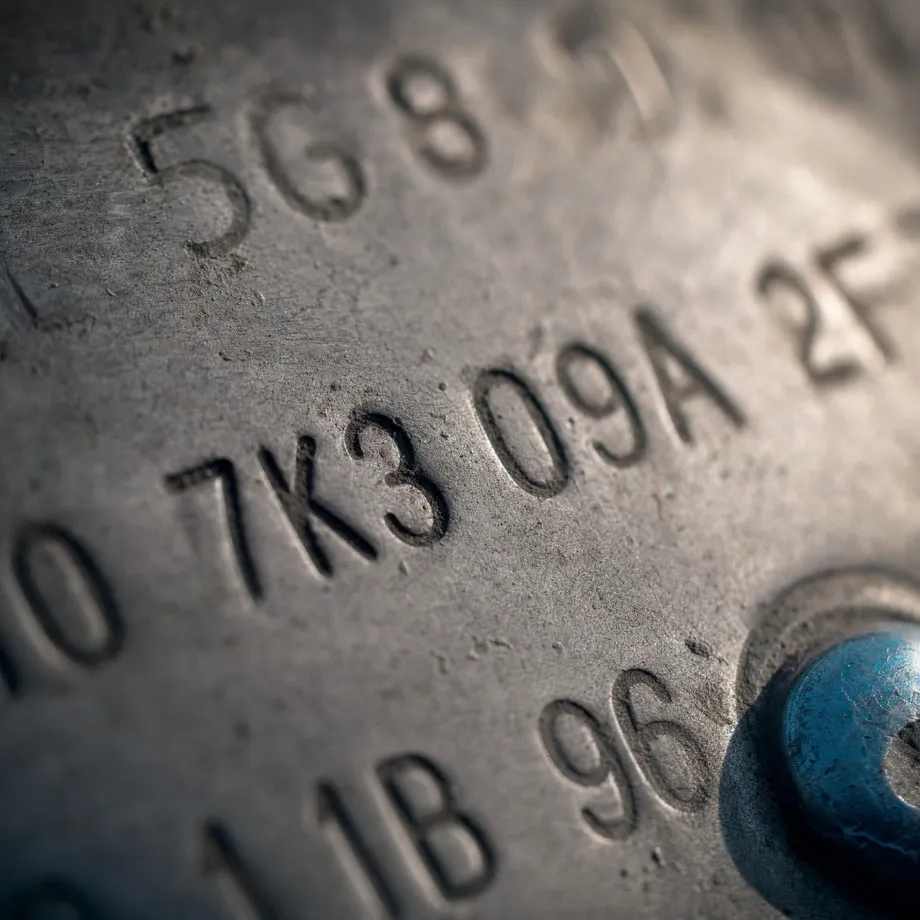 Macro detail of a part number stamped into metal.