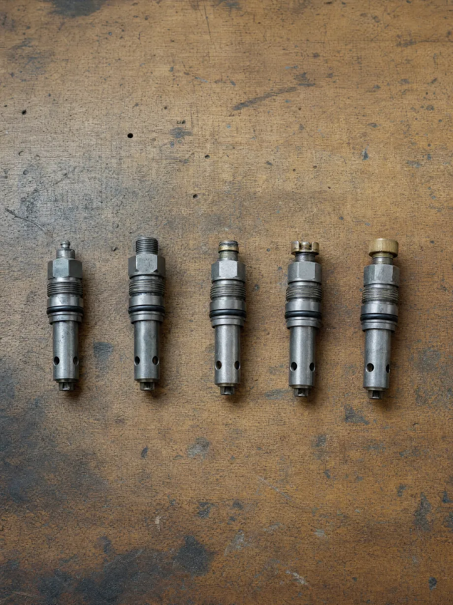 A workbench holding several similar mechanical parts side by side for comparison.