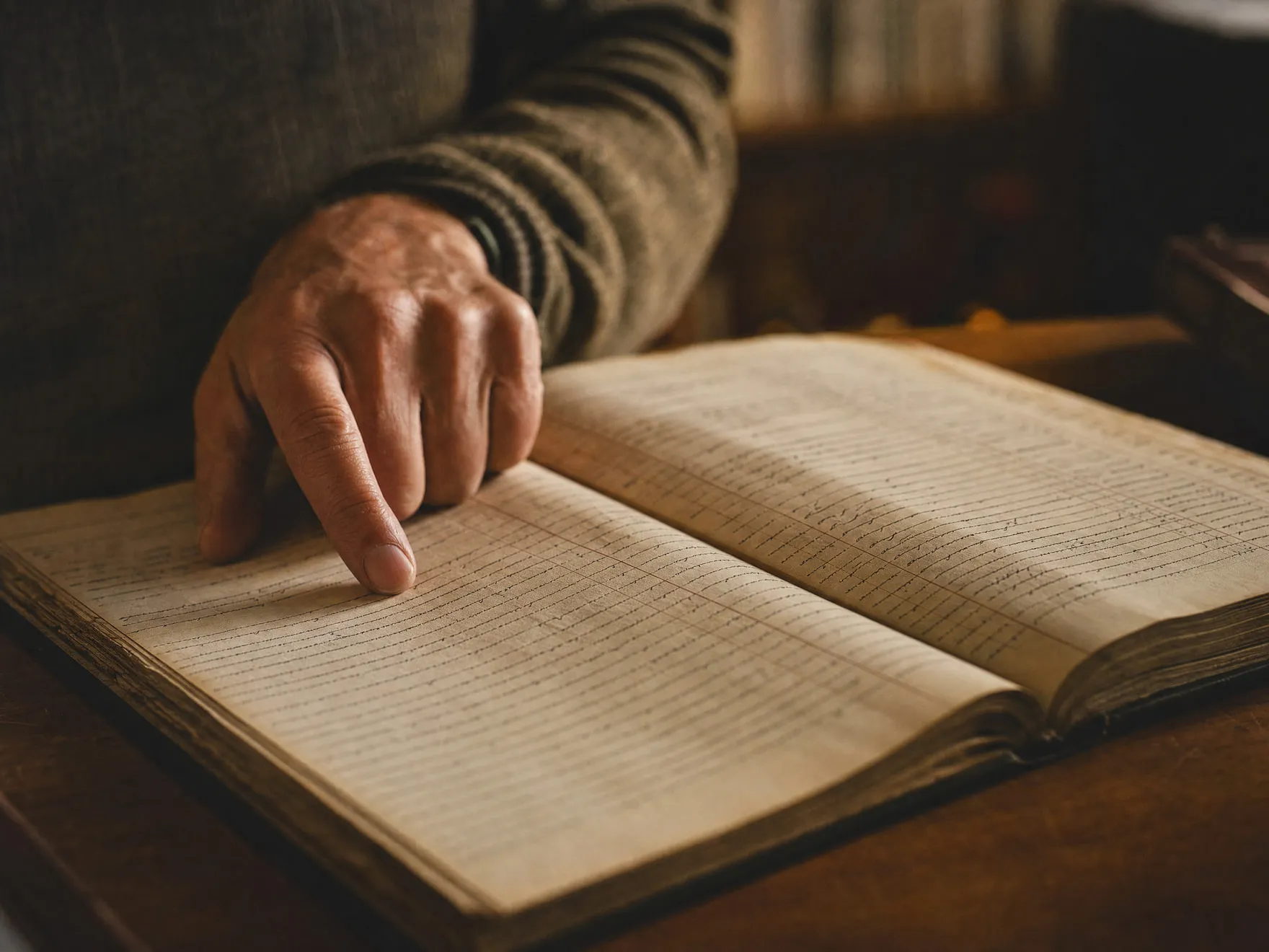 A hand tracing a line down an open reference book under warm library light.