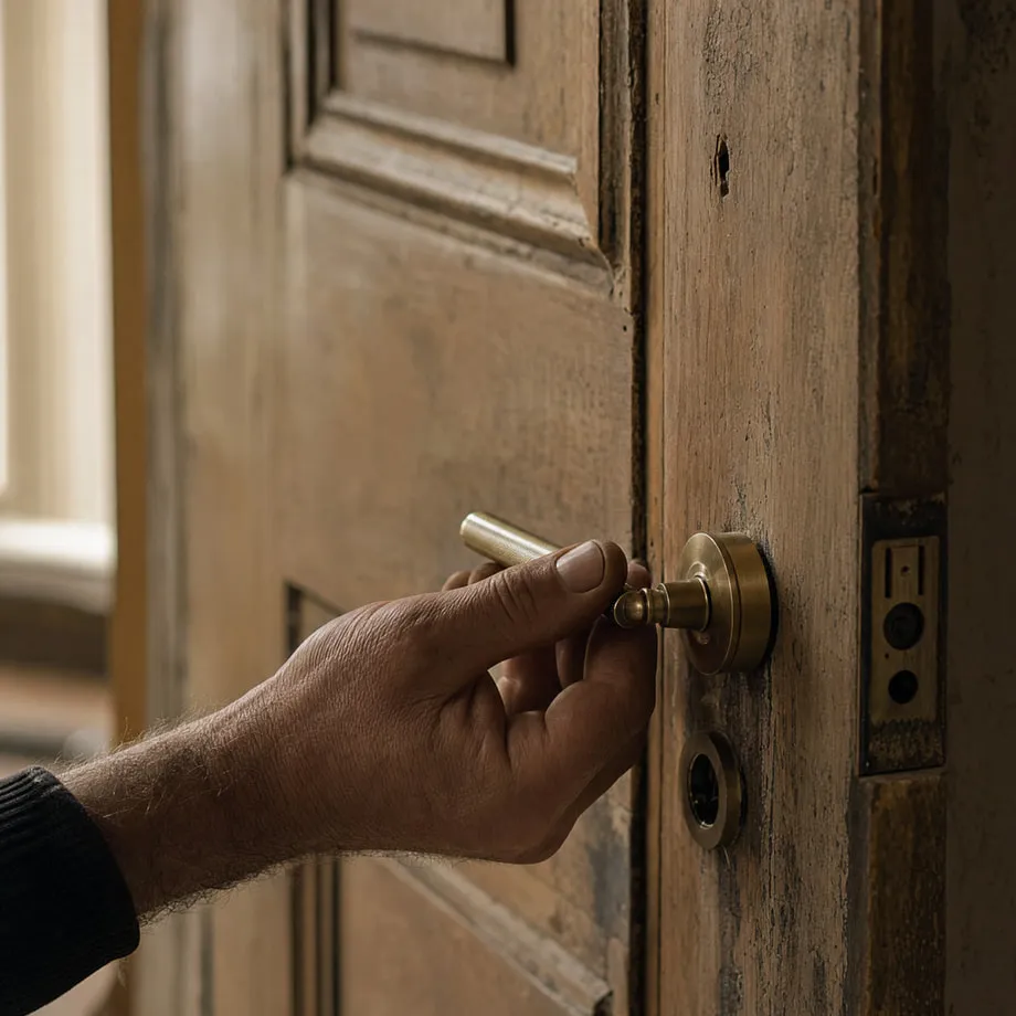 A hand fitting new hardware into an existing door.