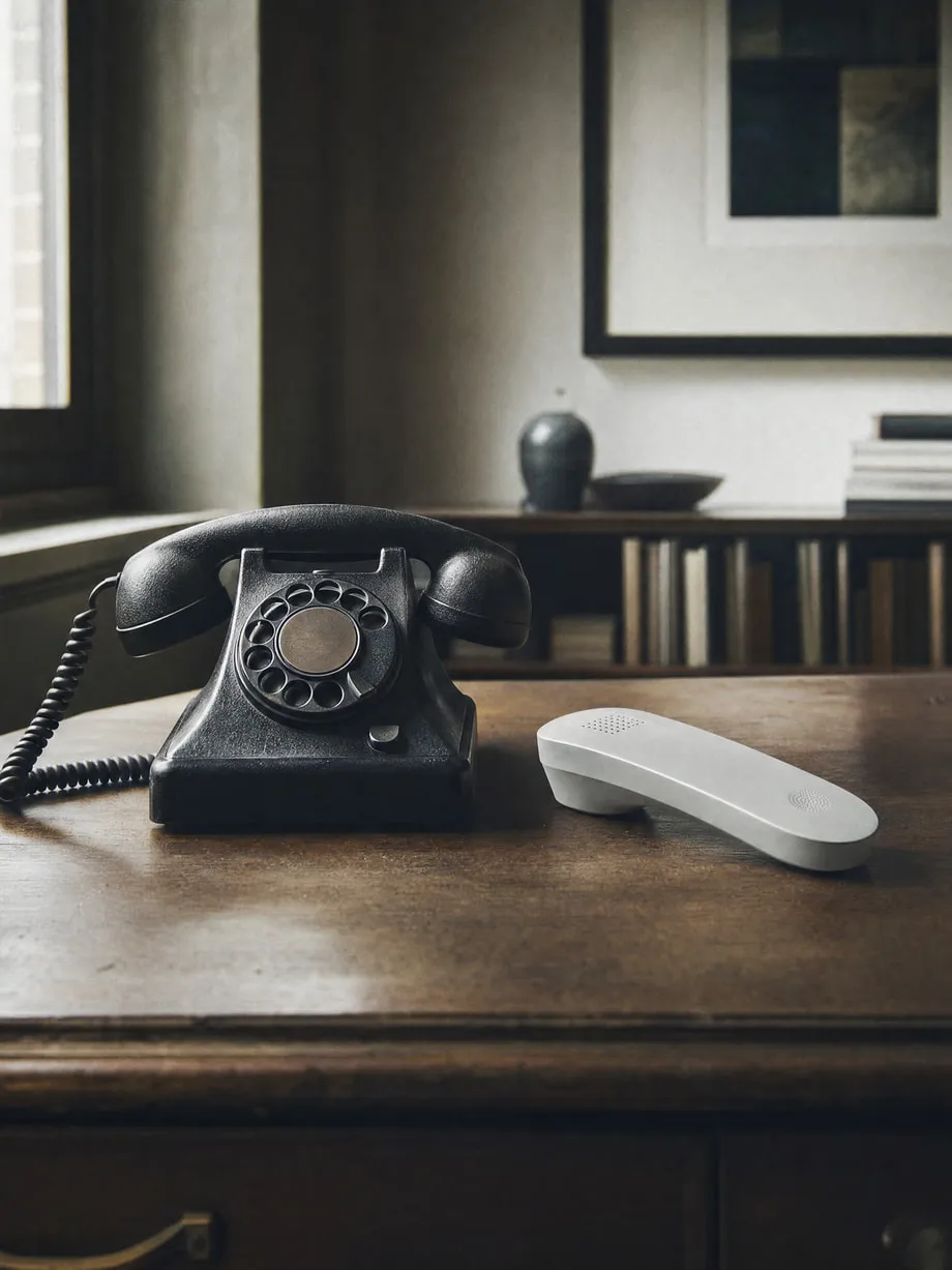 An old rotary telephone and a modern handset resting side by side on a desk.