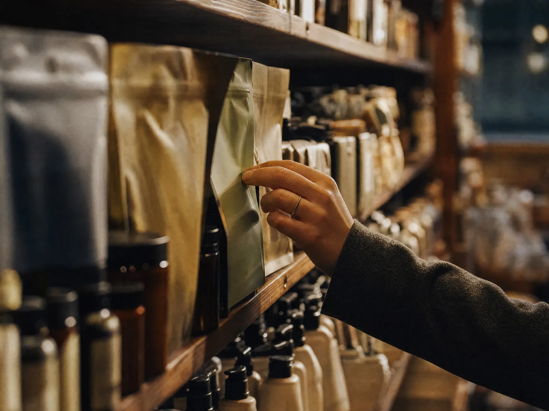 A shopper's hand pausing at a densely stocked shelf, searching for one specific item.