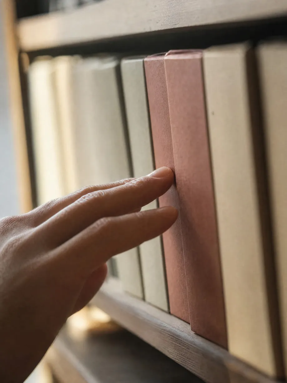 Close detail of a hand sorting through similar products on a shelf.