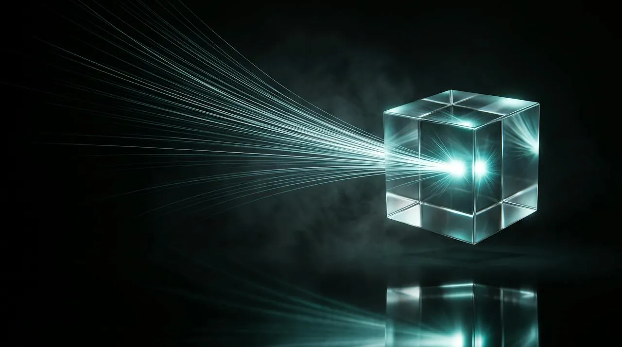 Fine threads of light passing through a single clear glass cube on a dark reflective surface