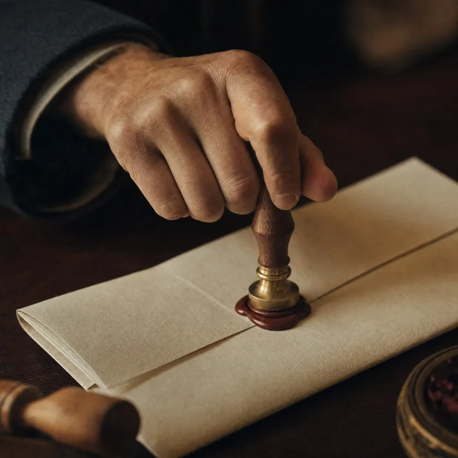 A wax seal being pressed onto a folded document.
