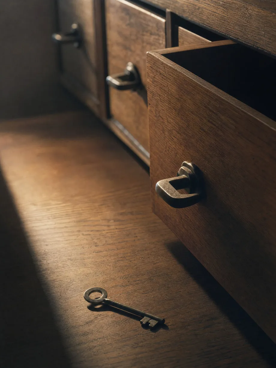 A locked drawer in a cabinet, slightly ajar, with a key resting nearby.