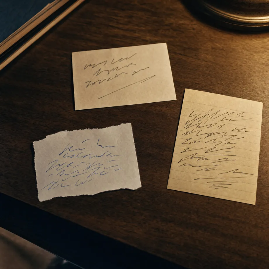 Three separate handwritten notes scattered on a desk, unconnected to each other.
