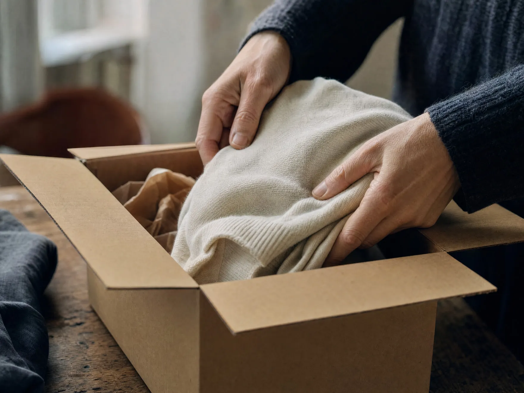 Hands gently folding a garment back into a shipping box.