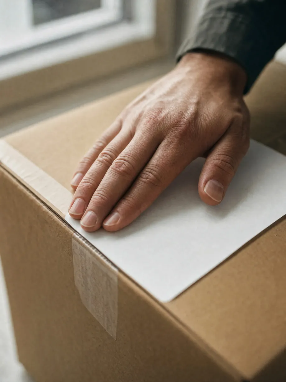 A shipping label being smoothed onto a box by hand.