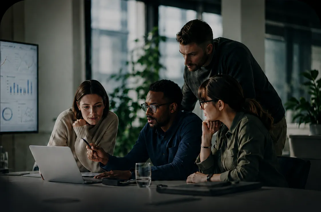 Analytics team reviewing a Business Intelligence dashboard
