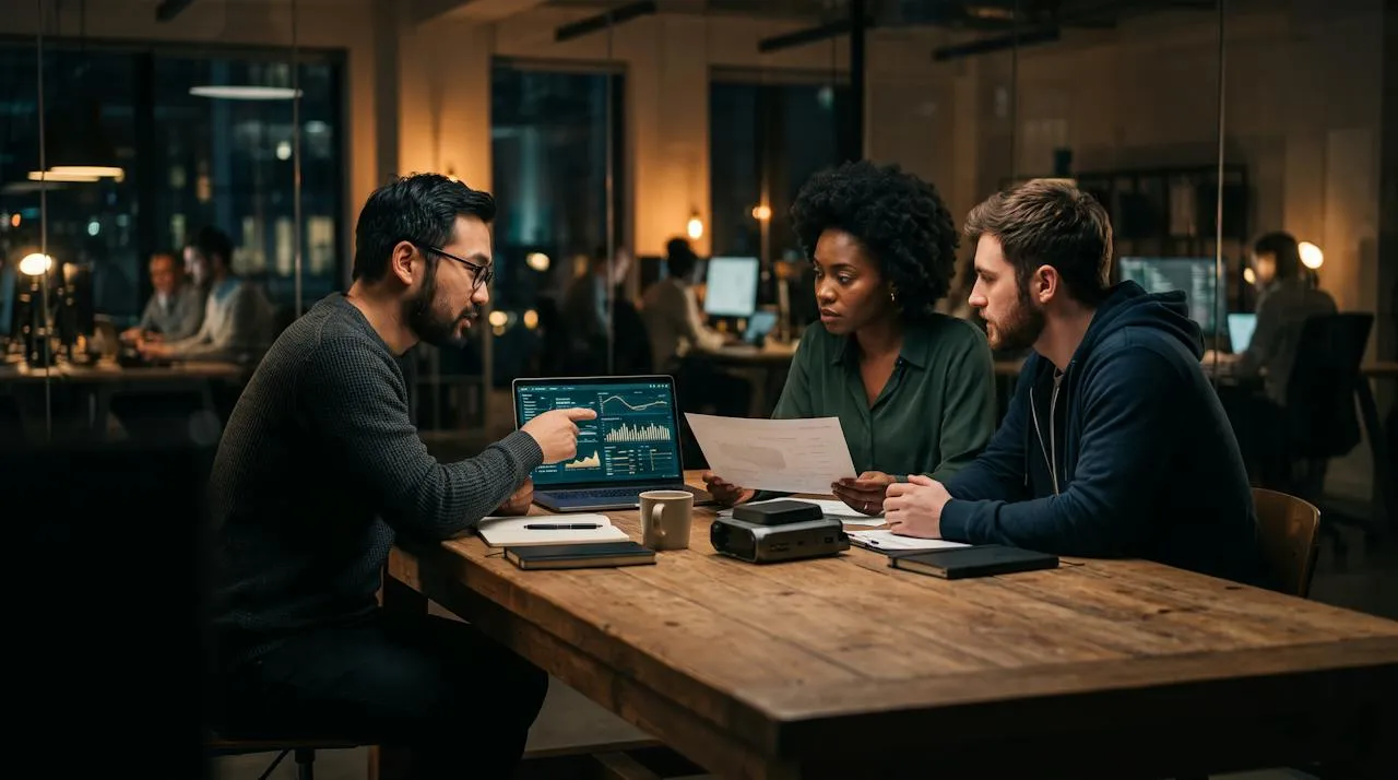 Forward Deployed Engineers reviewing a spec sheet and a data map with a merchant's product team