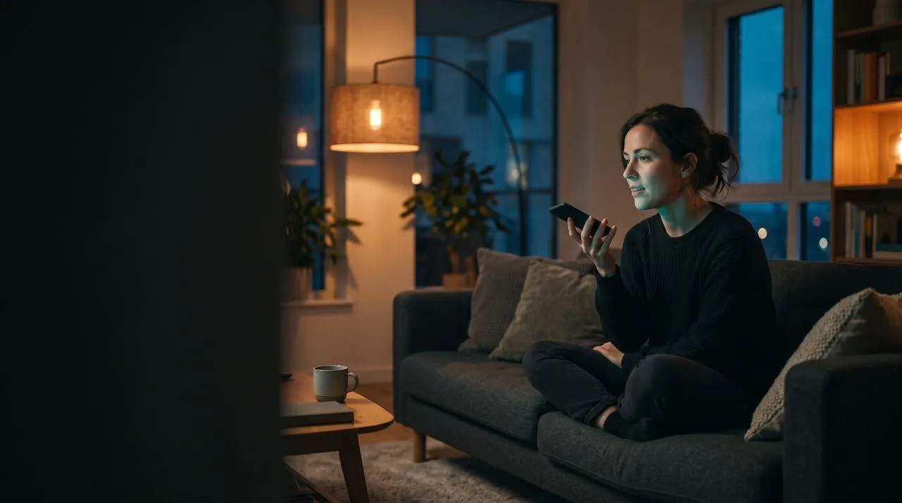 A shopper at home asking an AI assistant a question on her phone