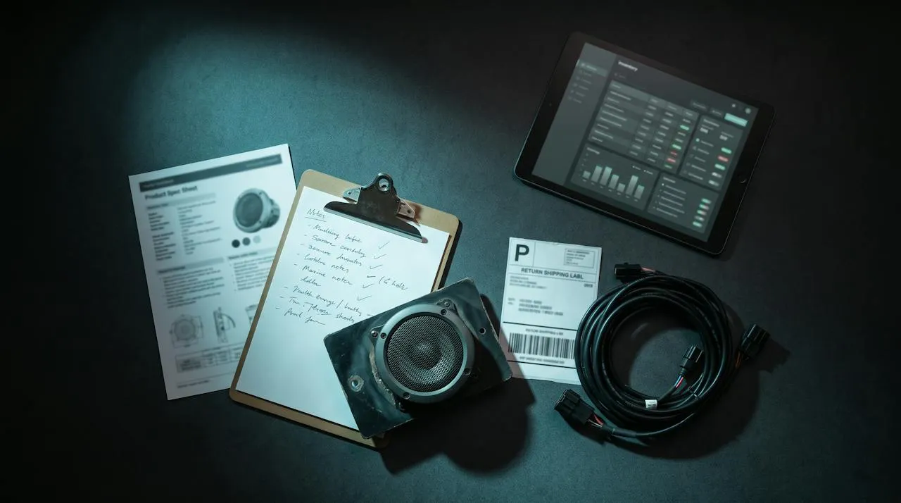 Spec sheet, installer notes, a return label, a product sample and an inventory tablet on a desk