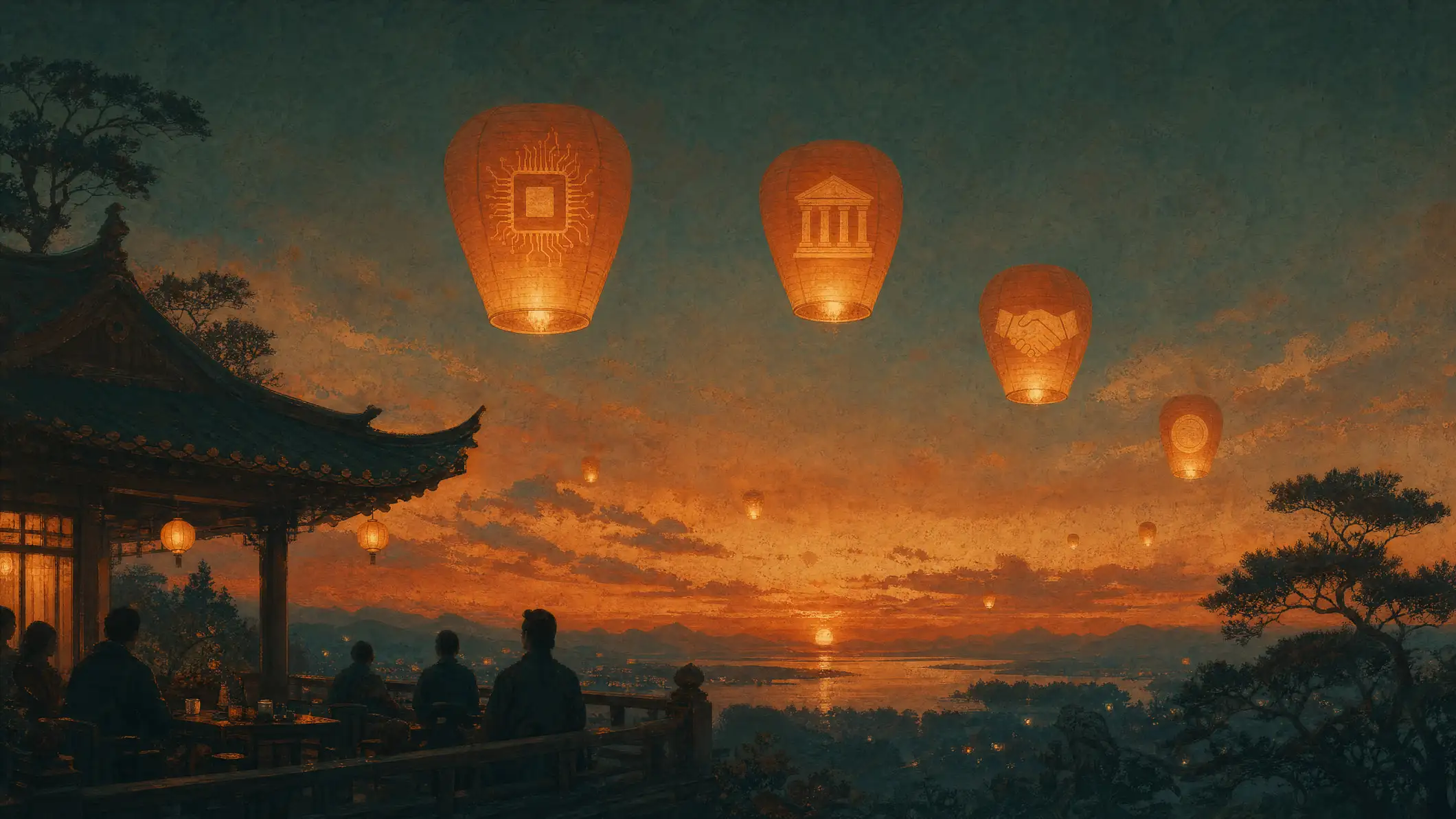 A dusk horizon over a teahouse rooftop with points of warm light rising like paper lanterns, each hinting at a different shape.
