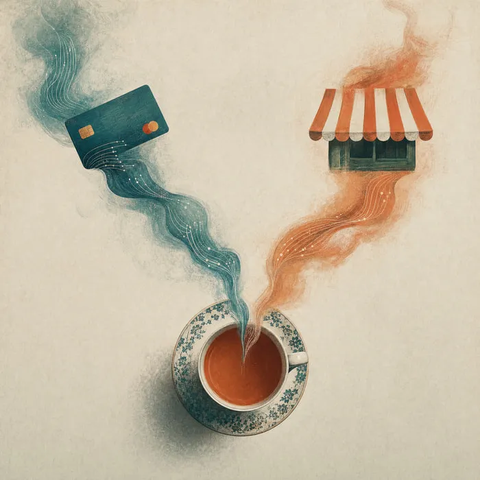 A teacup seen from above with two ribbons of steam diverging, one resolving into a payment card and the other into a small shop awning.