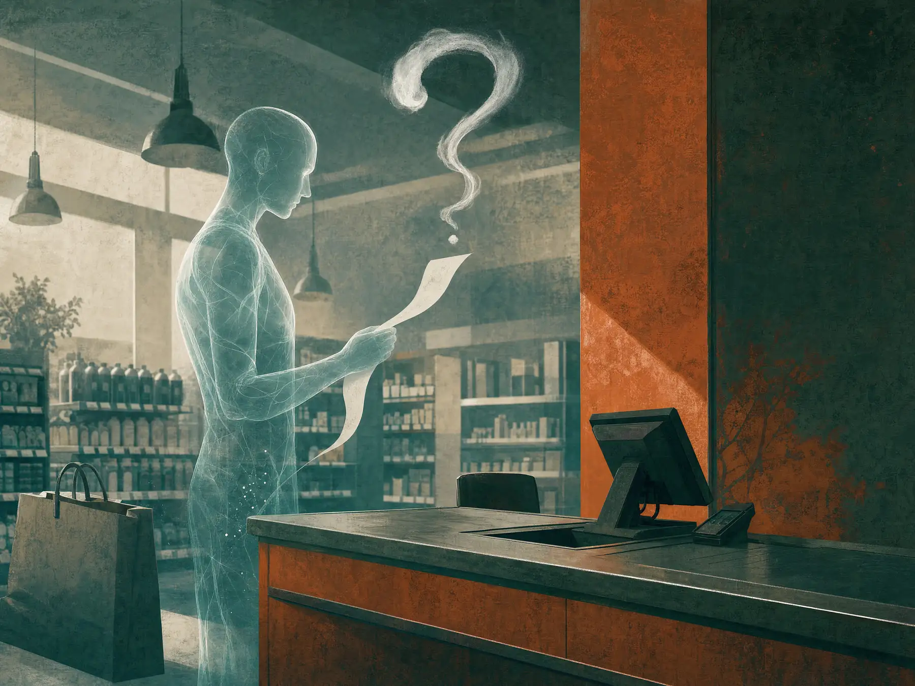 A translucent AI agent standing at a store checkout holding an unsigned receipt that trails off into a question mark of steam, the cashier position empty.