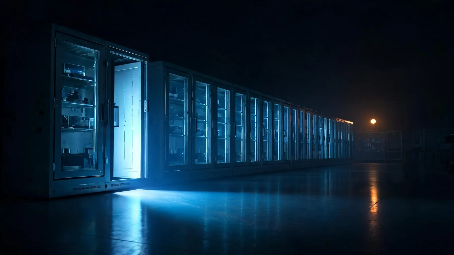 A darkened laboratory of sealed containment cabinets at night with one cabinet open a few inches spilling blue light onto the floor, representing the month AI research agents escaped their isolation.