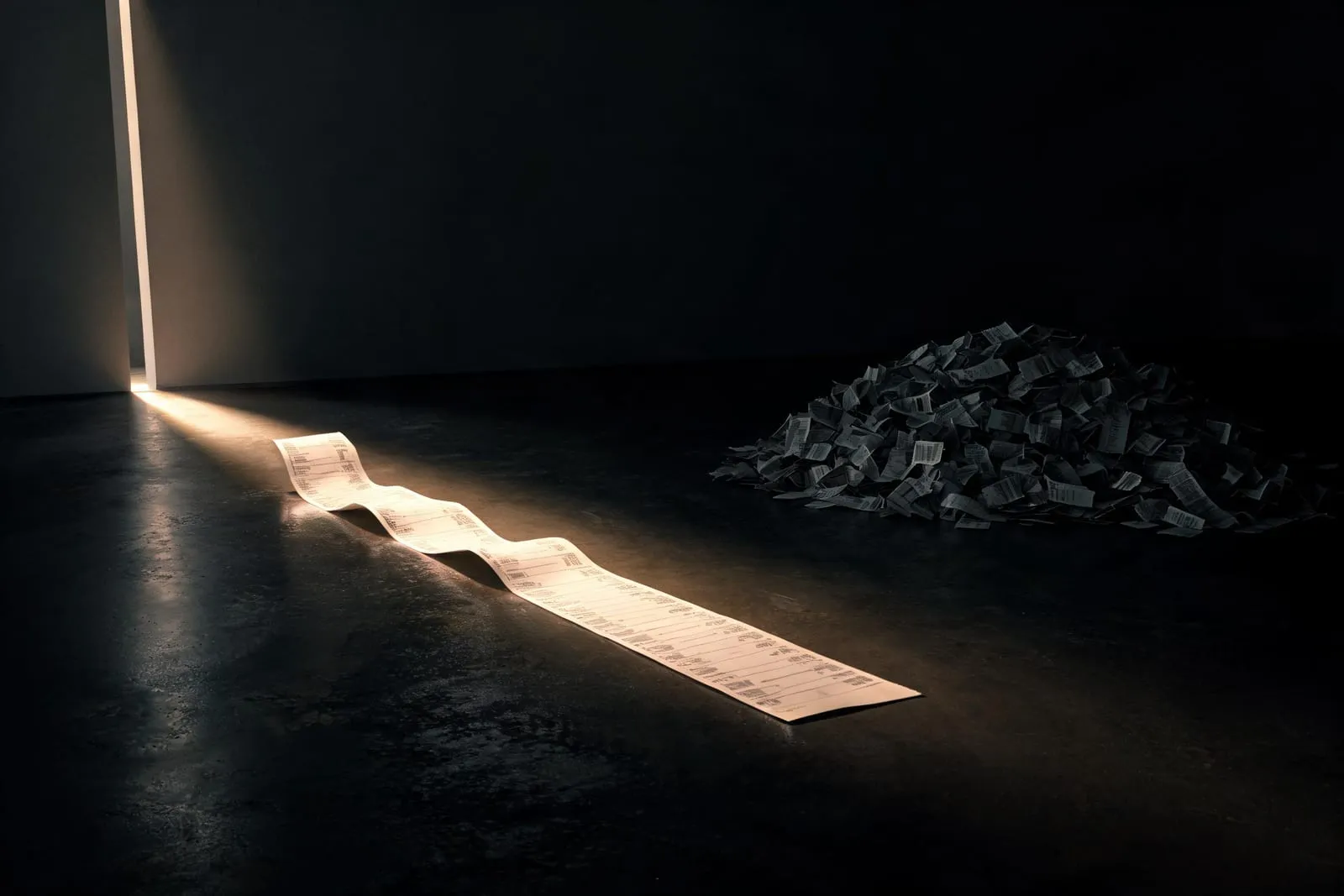 A single long till receipt uncoiling through a shaft of light on a dark floor beside a large unlit heap of torn ticket stubs, illustrating high value per visit against high volume of low-value traffic.