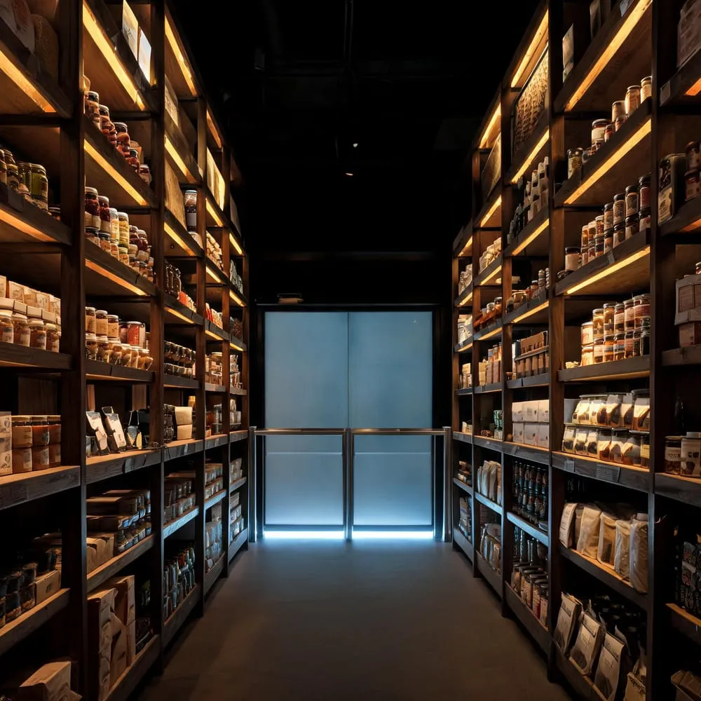 Interior of a well-stocked small shop with open warmly lit shelving and a closed frosted glass gate at the till, representing catalogs machines can read and checkout flows they cannot.