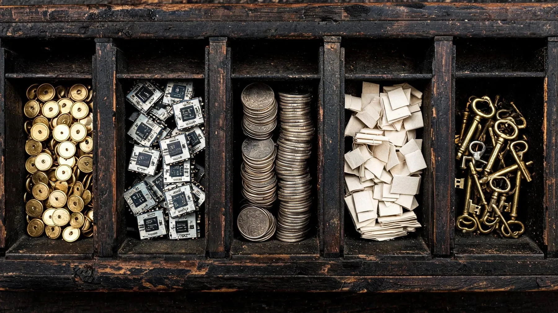 Overhead photograph of a letterpress type tray with five compartments each holding a different kind of small object, representing the month grouped into separate commerce beats.