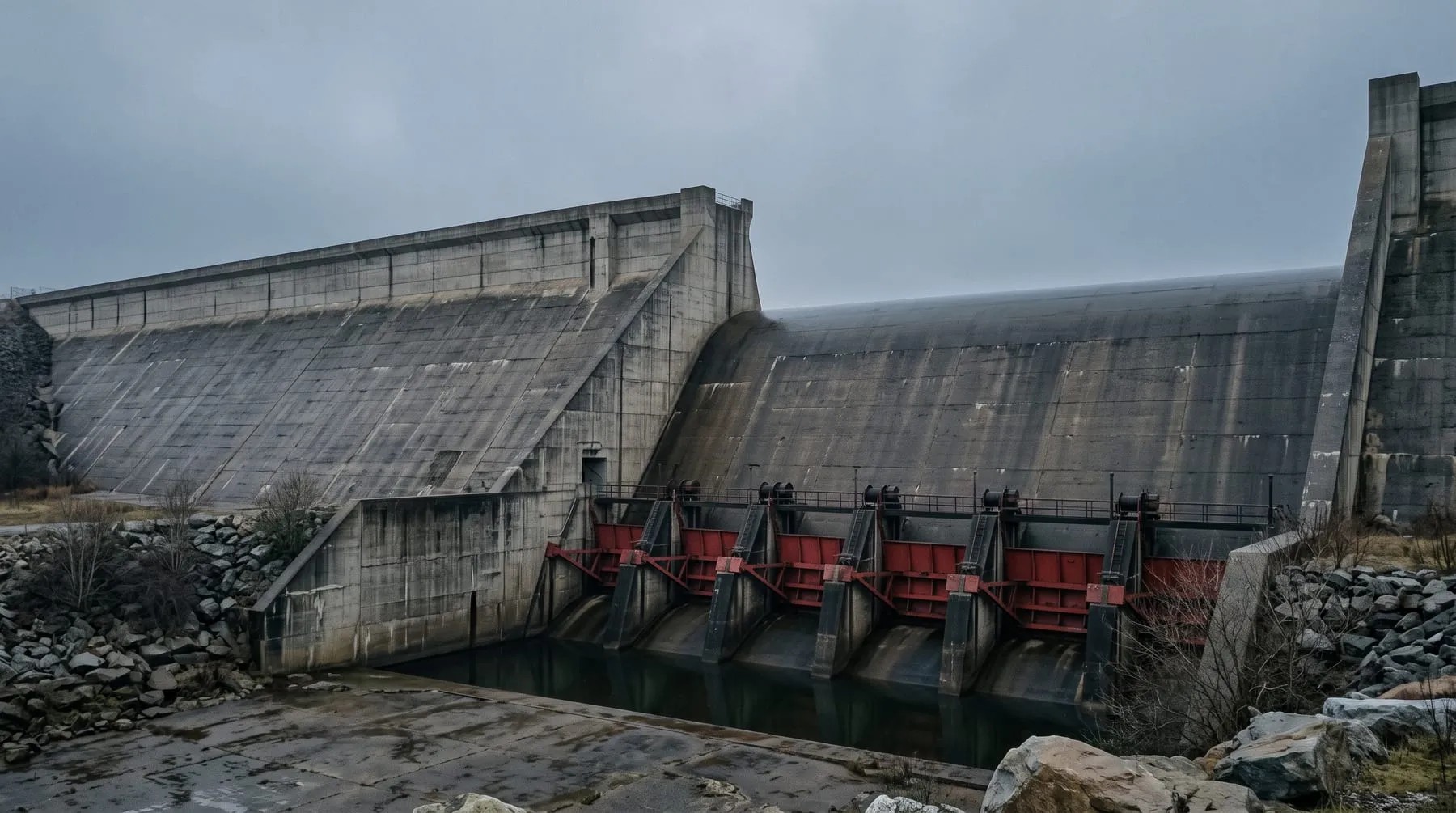 A concrete dam wall from below with its sluice gates wound shut and high still water behind, illustrating the September 2026 call by AI lab leaders to slow frontier development.
