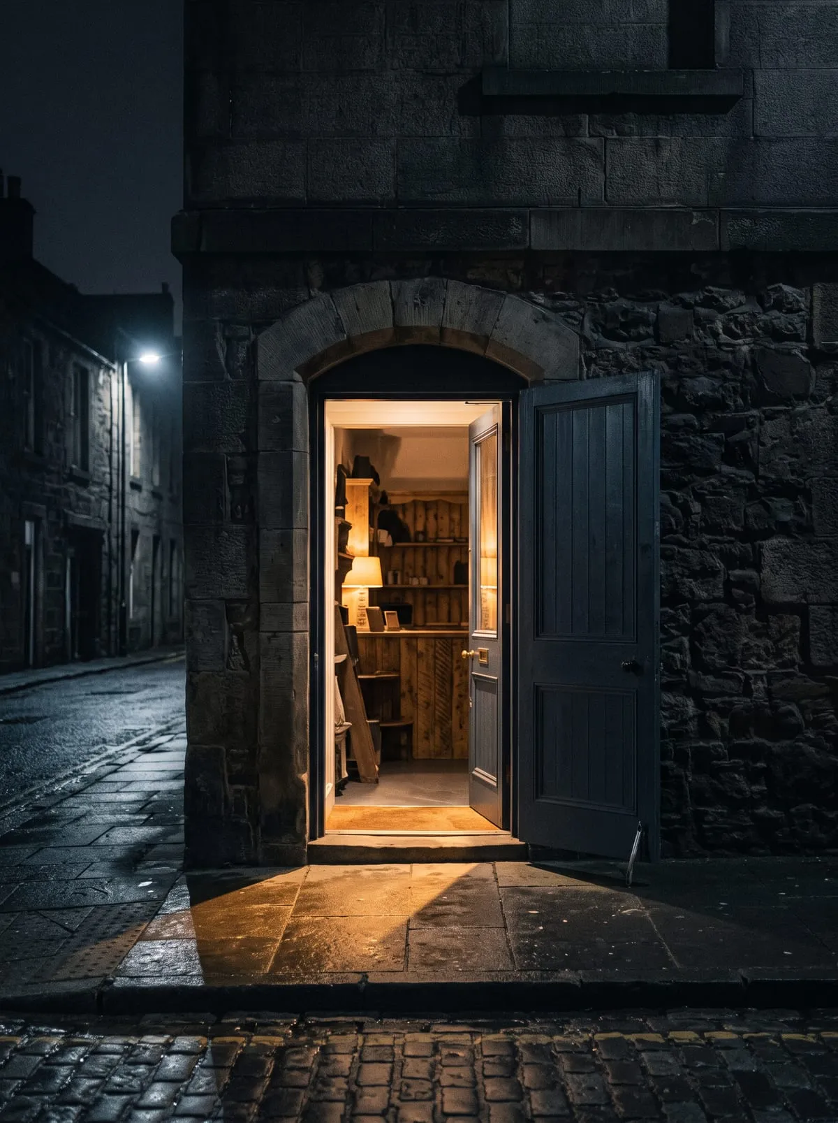The Chai, Issue No. 03, September 2026. Cover shows a shop door standing open at night with warm light spilling onto an empty street.