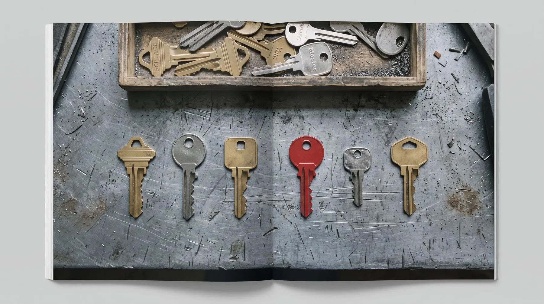 Overhead view of a locksmith's bench with uncut key blanks and several differently cut keys, illustrating the separate routes an AI agent now has to reach and pay a merchant.