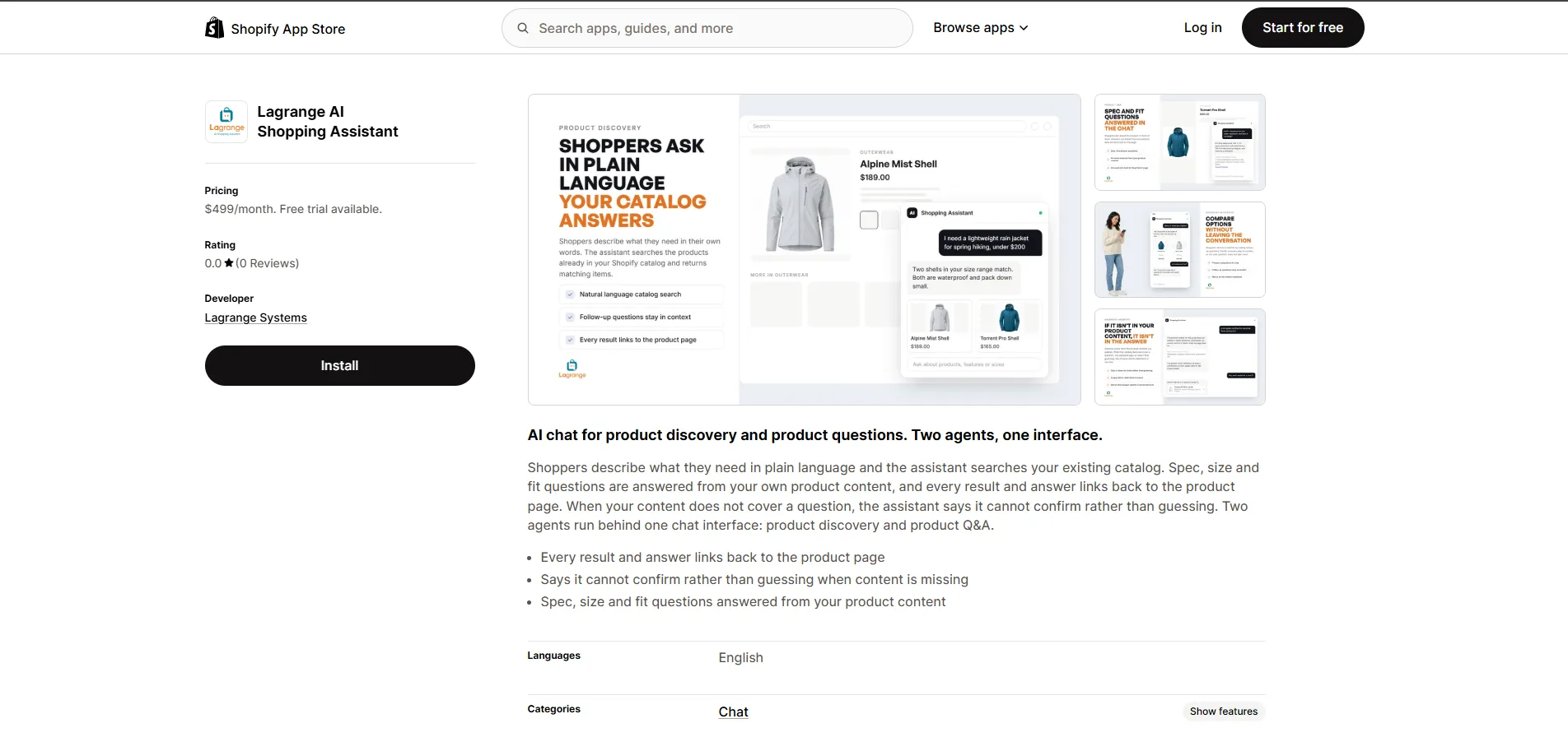 The Lagrange AI Shopping Assistant listing on the Shopify App Store