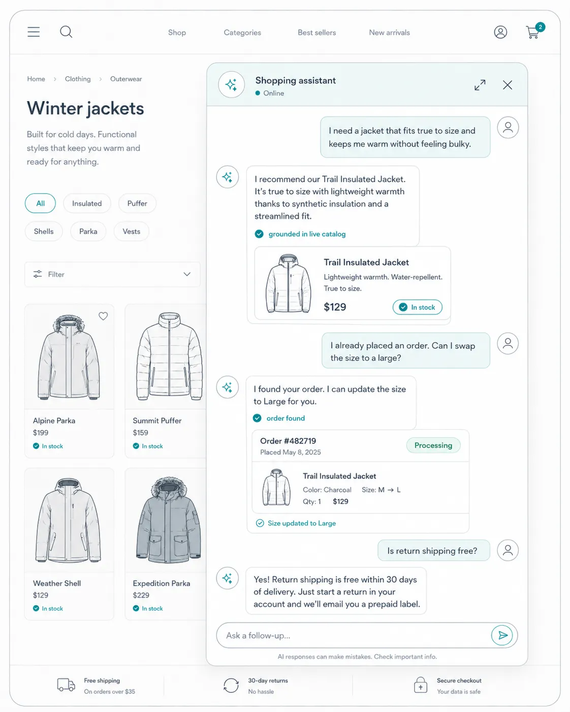 A winter-jackets storefront with the Shopping Assistant open: one continuous thread where a shopper asks for a true-to-size, non-bulky jacket and gets a grounded in-stock recommendation, then swaps the size on an existing order, then asks whether return shipping is free — all without a handoff.